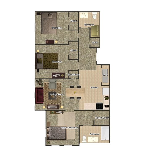 A floor plan of a house with a living room, two bedrooms, a kitchen, a bathroom, a linen closet, a goat closet, and a master closet.